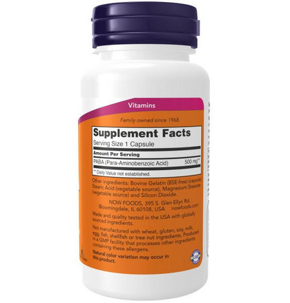 NOW PABA 500 mg, Парааминобензойная кислота (PABA), 100 капсул