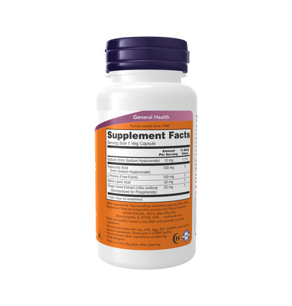 NOW Double Strength Hyaluronic Acid 100 mg, Двойная сила Гиалуроновой кислоты 100 мг, 60 капсул