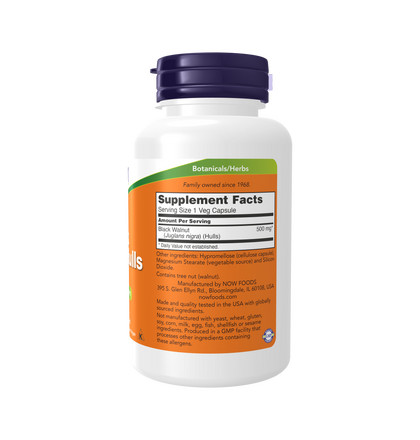 NOW Black Walnut Hulls 500 mg, Черный орех 500 мг, 100 капсул